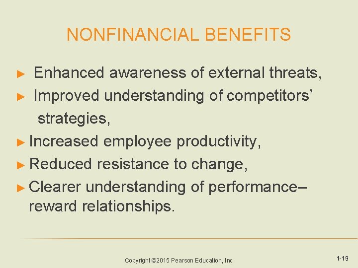 NONFINANCIAL BENEFITS Enhanced awareness of external threats, ► Improved understanding of competitors’ strategies, ►