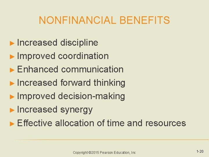 NONFINANCIAL BENEFITS ► Increased discipline ► Improved coordination ► Enhanced communication ► Increased forward