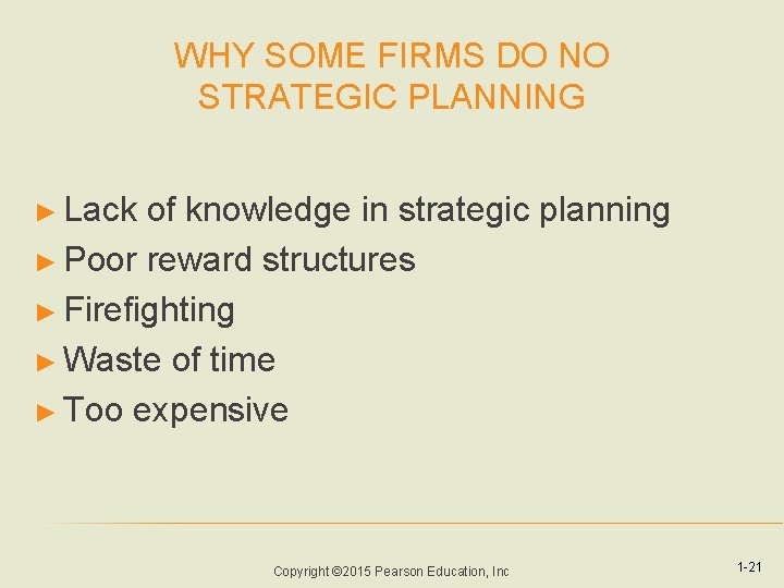 WHY SOME FIRMS DO NO STRATEGIC PLANNING ► Lack of knowledge in strategic planning