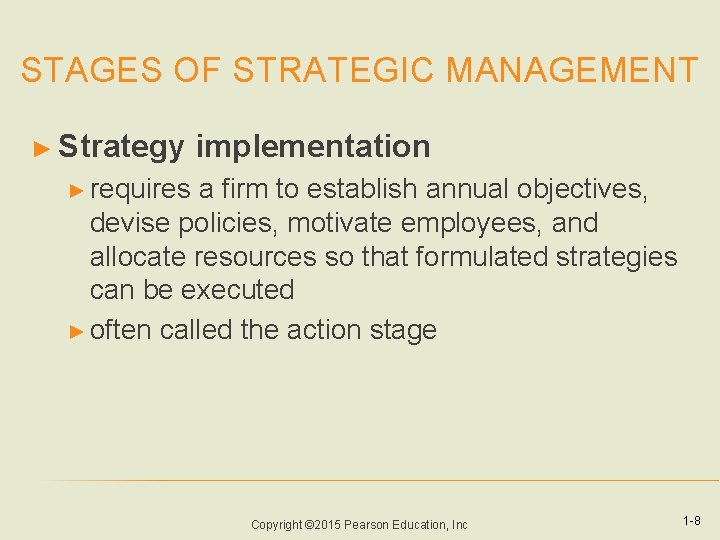 STAGES OF STRATEGIC MANAGEMENT ► Strategy implementation ► requires a firm to establish annual