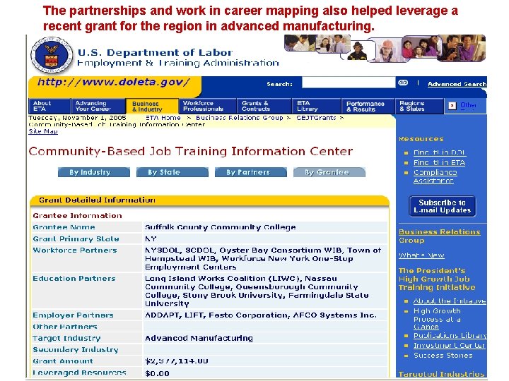 The partnerships and work in career mapping also helped leverage a recent grant for The partnerships and work in career mapping also helped leverage a recent grant for
