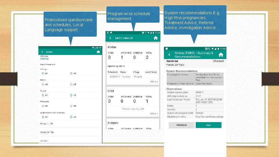 Protocolised questionnaire and schedules, Local Language support Program-wise schedule management System recommendations E. g.