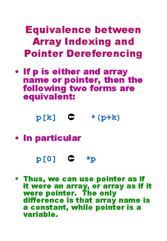 Equivalence between Array Indexing and Pointer Dereferencing • If p is either and array