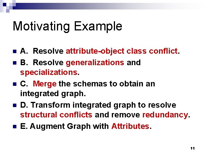 Motivating Example n n n A. Resolve attribute-object class conflict. B. Resolve generalizations and