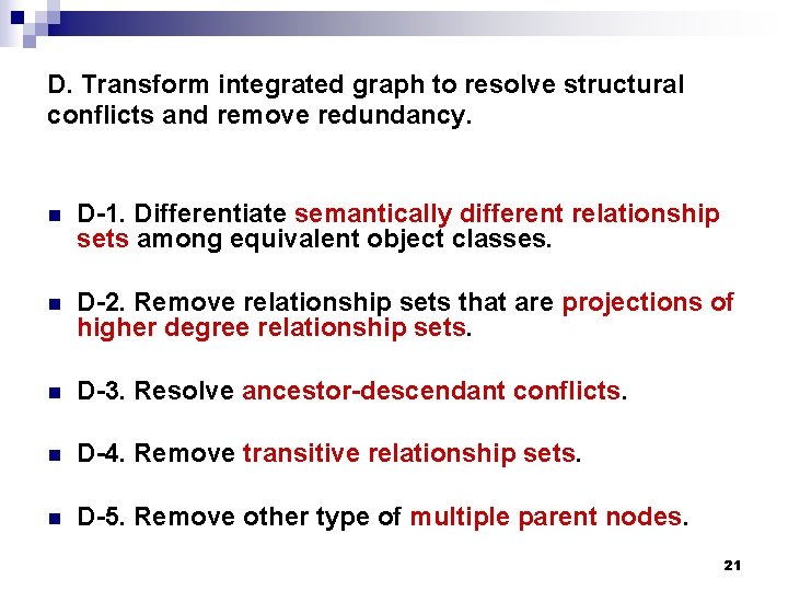 D. Transform integrated graph to resolve structural conflicts and remove redundancy. n D-1. Differentiate