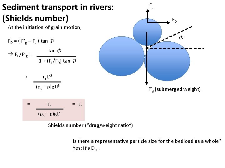 Sediment transport in rivers: (Shields number) FL FD At the initiation of grain motion, Sediment transport in rivers: (Shields number) FL FD At the initiation of grain motion,