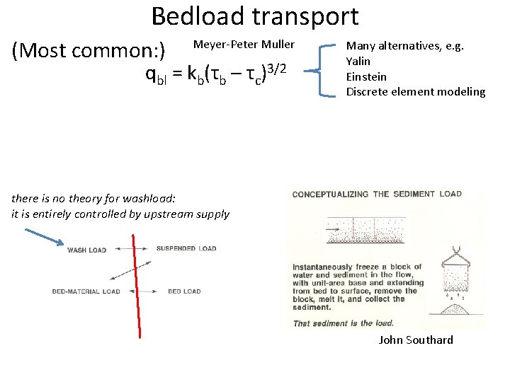 Bedload transport (Most common: ) Meyer-Peter Muller qbl = kb(τb – τc)3/2 Many alternatives, Bedload transport (Most common: ) Meyer-Peter Muller qbl = kb(τb – τc)3/2 Many alternatives,