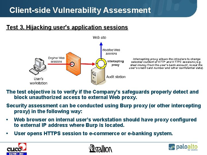 Client-side Vulnerability Assessment Test 3. Hijacking user's application sessions • Intercepting proxy allows the