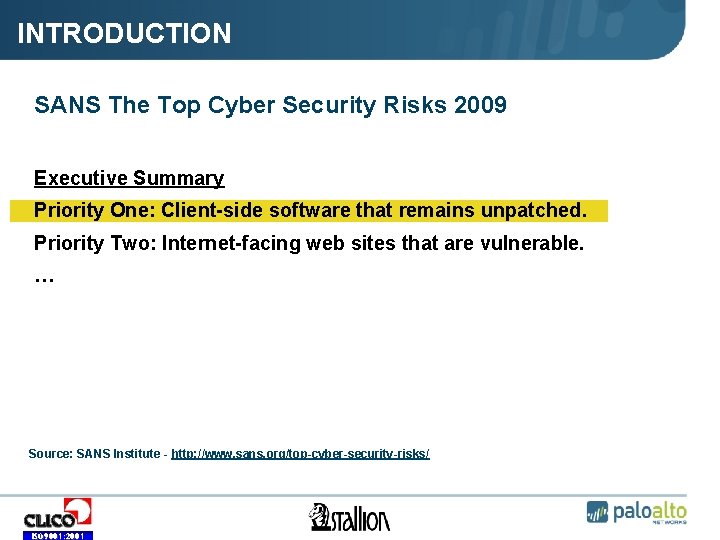 INTRODUCTION SANS The Top Cyber Security Risks 2009 Executive Summary Priority One: Client-side software