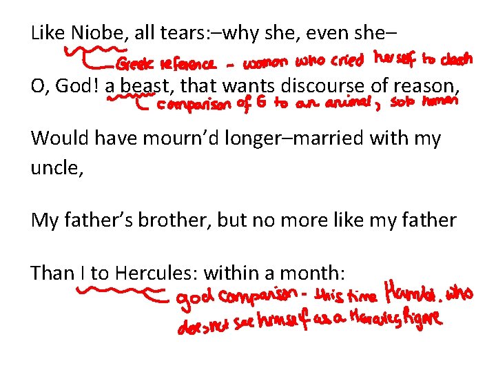 Like Niobe, all tears: –why she, even she– O, God! a beast, that wants