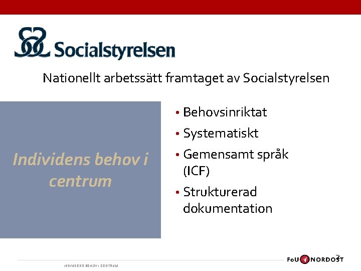 Nationellt arbetssätt framtaget av Socialstyrelsen • Behovsinriktat • Systematiskt Individens behov i centrum •