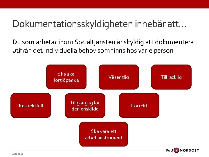 Dokumentationsskyldigheten innebär att… Du som arbetar inom Socialtjänsten är skyldig att dokumentera utifrån det