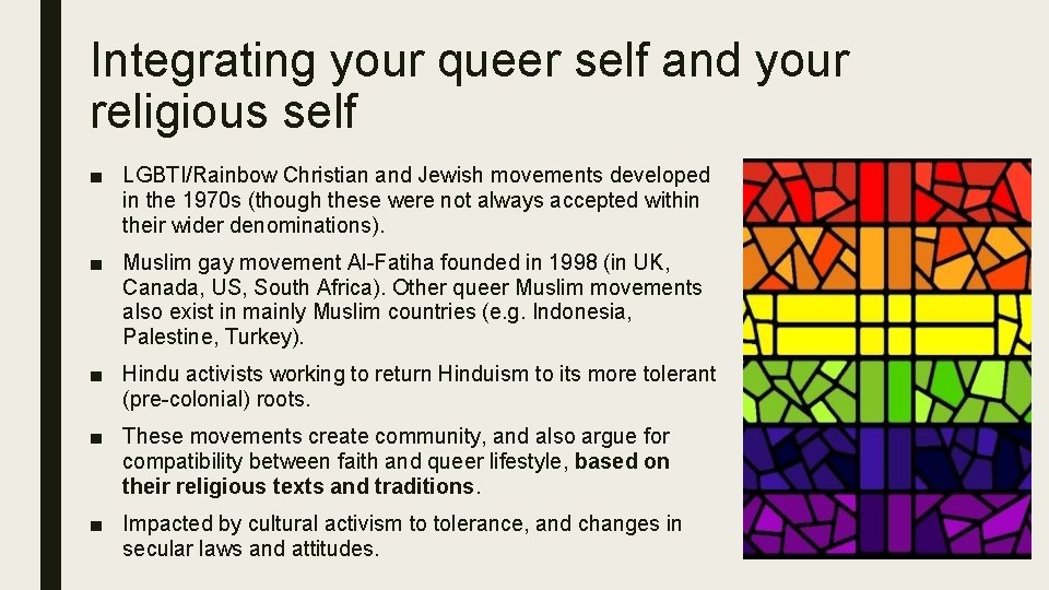 Integrating your queer self and your religious self ■ LGBTI/Rainbow Christian and Jewish movements