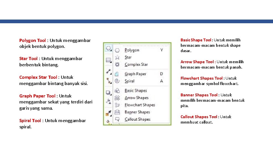 Polygon Tool : Untuk menggambar objek bentuk polygon. Basic Shape Tool : Untuk memilih