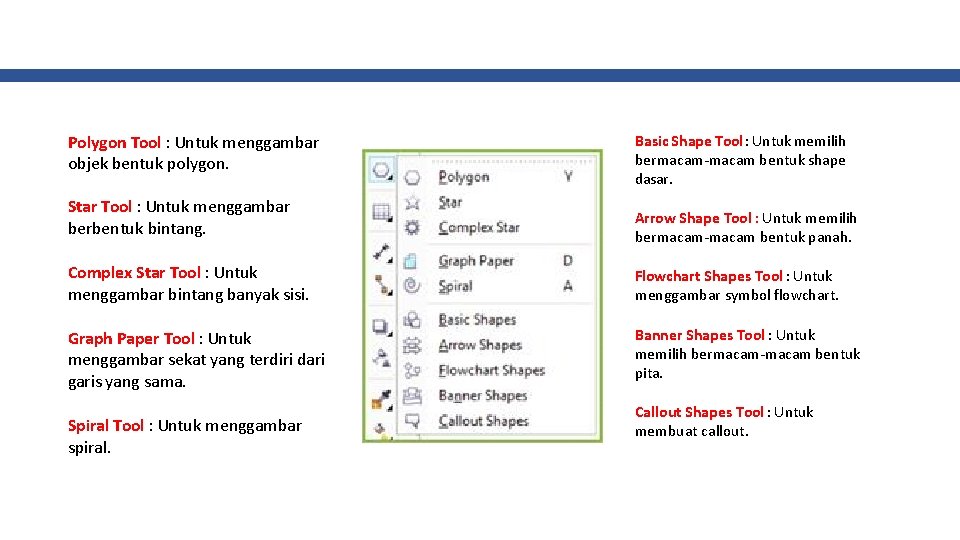 Polygon Tool : Untuk menggambar objek bentuk polygon. Basic Shape Tool : Untuk memilih