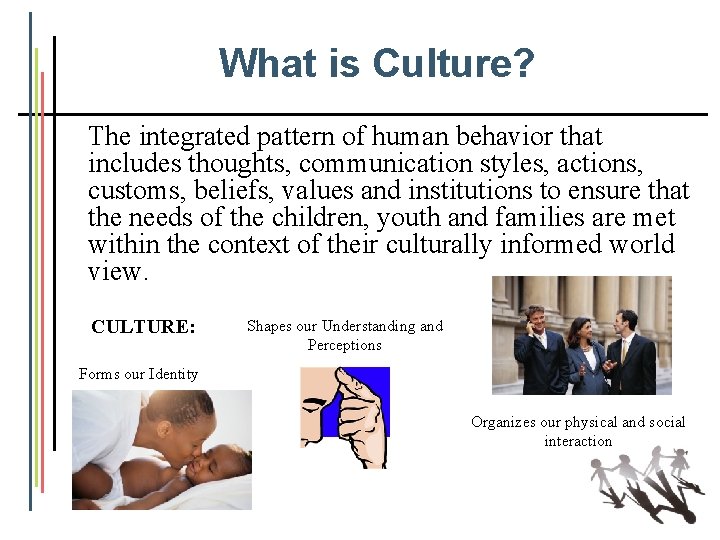 What is Culture? The integrated pattern of human behavior that includes thoughts, communication styles,