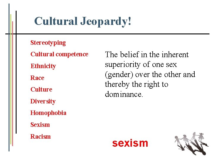 Cultural Jeopardy! Stereotyping Cultural competence Ethnicity Race Culture Diversity The belief in the inherent