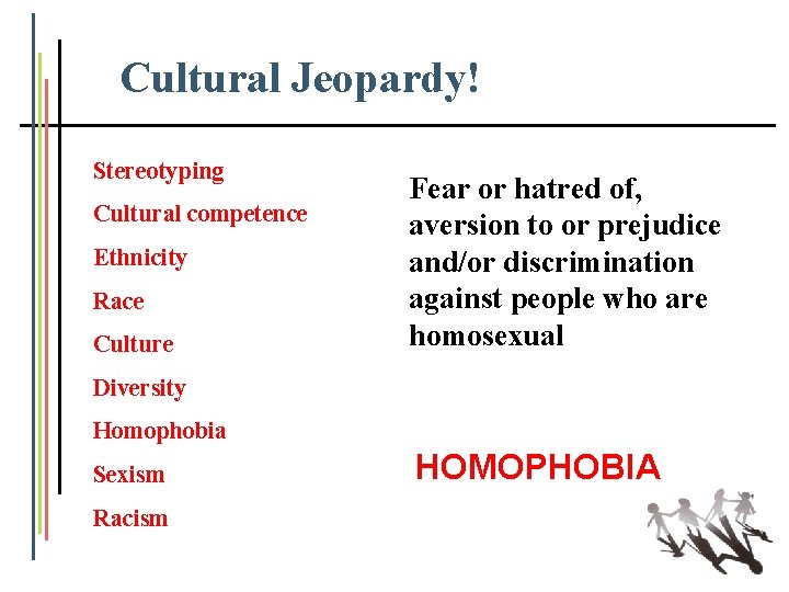 Cultural Jeopardy! Stereotyping Cultural competence Ethnicity Race Culture Fear or hatred of, aversion to