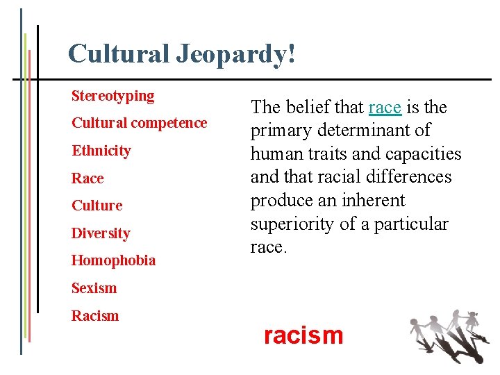 Cultural Jeopardy! Stereotyping Cultural competence Ethnicity Race Culture Diversity Homophobia The belief that race