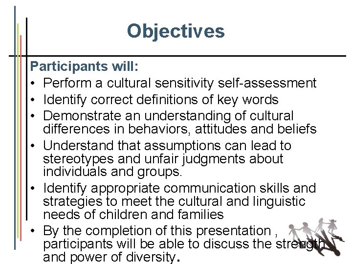 Objectives Participants will: • Perform a cultural sensitivity self-assessment • Identify correct definitions of