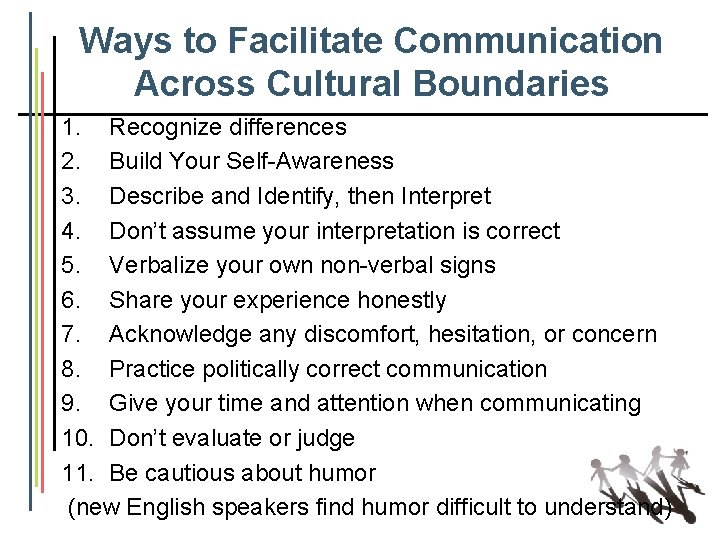 Ways to Facilitate Communication Across Cultural Boundaries 1. Recognize differences 2. Build Your Self-Awareness