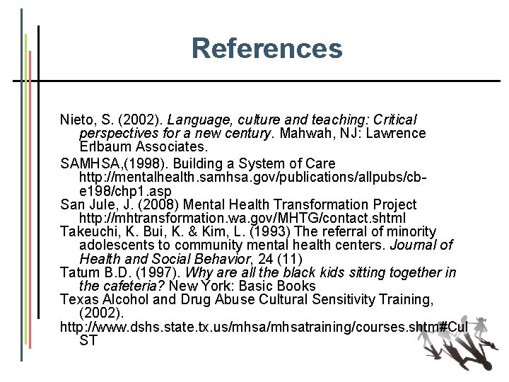 References Nieto, S. (2002). Language, culture and teaching: Critical perspectives for a new century.