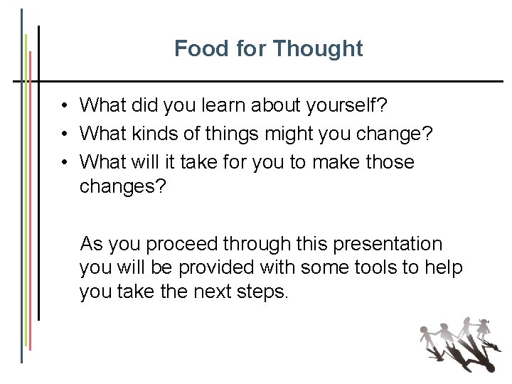Food for Thought • What did you learn about yourself? • What kinds of