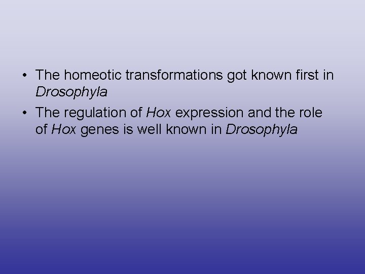  • The homeotic transformations got known first in Drosophyla • The regulation of