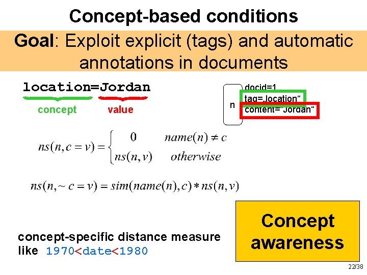 Concept-based conditions Goal: Exploit explicit (tags) and automatic annotations in documents location=Jordan concept value