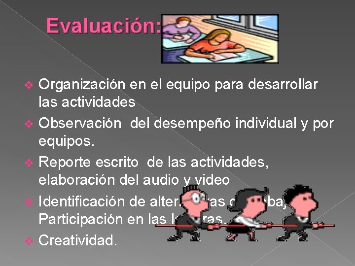 Evaluación: Organización en el equipo para desarrollar las actividades v Observación del desempeño Evaluación: Organización en el equipo para desarrollar las actividades v Observación del desempeño