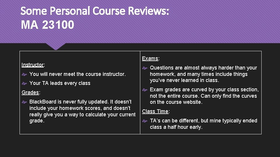 Some Personal Course Reviews: MA 23100 Exams: Instructor: You will never meet the course