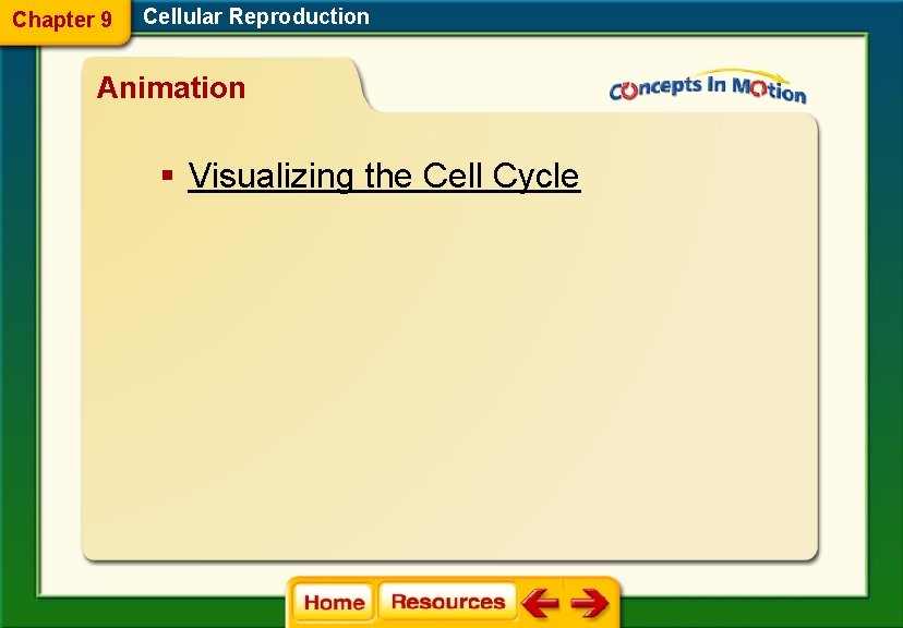 Chapter 9 Cellular Reproduction Animation § Visualizing the Cell Cycle 