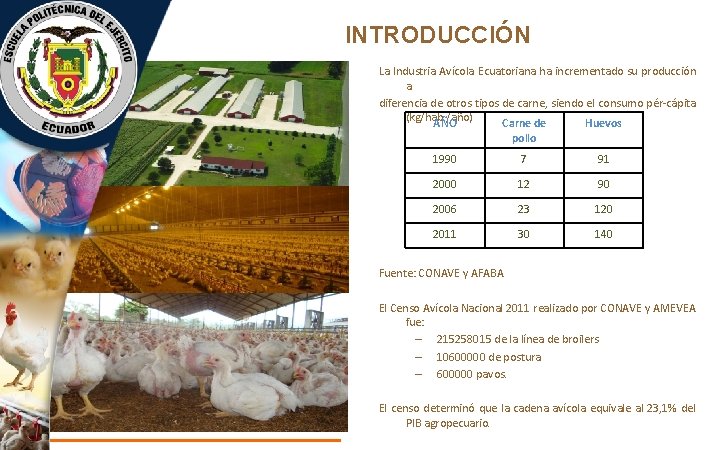 INTRODUCCIÓN La Industria Avícola Ecuatoriana ha incrementado su producción a diferencia de otros tipos