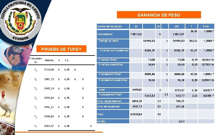 GANANCIA DE PESO Fuente de Variación Tratamiento SC 76872, 41 Testigo vs resto PRUEBA