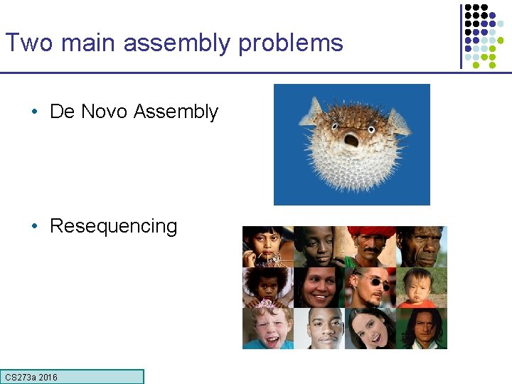 Two main assembly problems • De Novo Assembly • Resequencing CS 273 a 2016