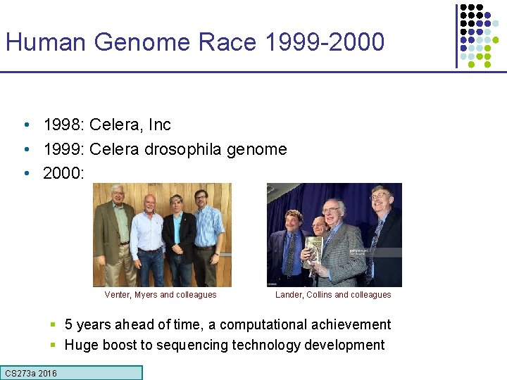 Human Genome Race 1999 -2000 • 1998: Celera, Inc • 1999: Celera drosophila genome