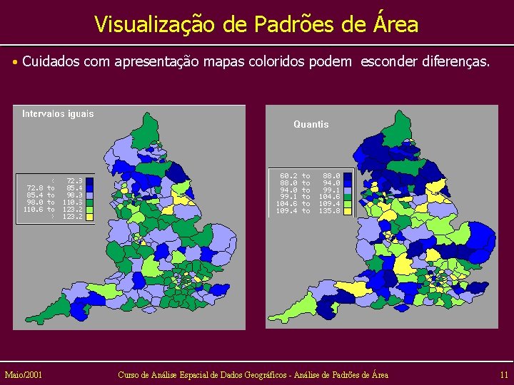 Visualização de Padrões de Área • Cuidados com apresentação mapas coloridos podem esconder diferenças.