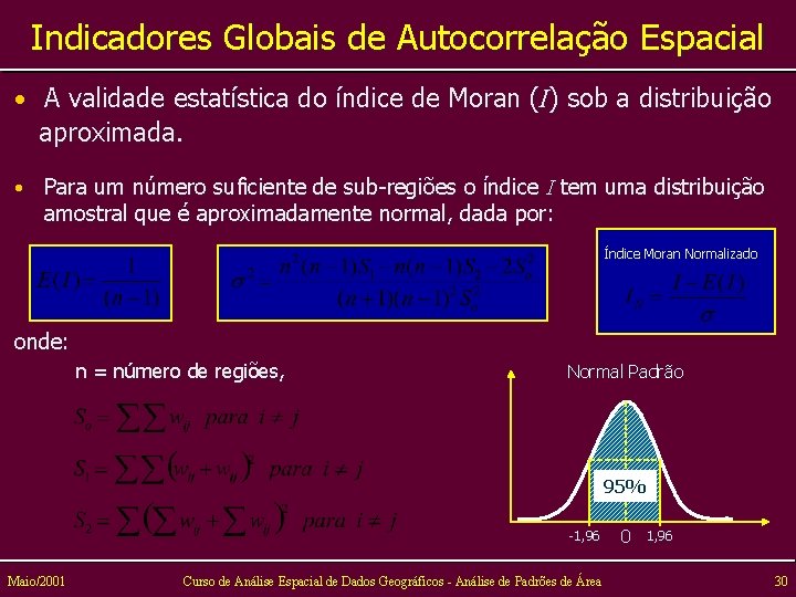 Indicadores Globais de Autocorrelação Espacial • A validade estatística do índice de Moran (I)