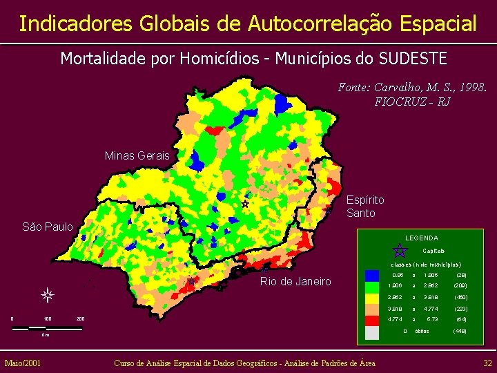 Indicadores Globais de Autocorrelação Espacial Mortalidade por Homicídios - Municípios do SUDESTE Fonte: Carvalho,