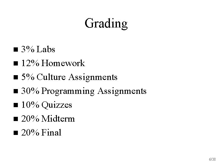 Grading 3% Labs n 12% Homework n 5% Culture Assignments n 30% Programming Assignments