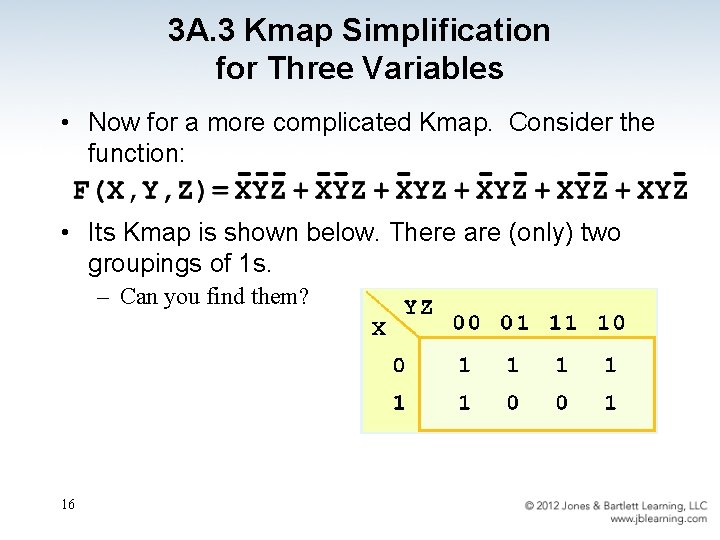 3 A. 3 Kmap Simplification for Three Variables • Now for a more complicated