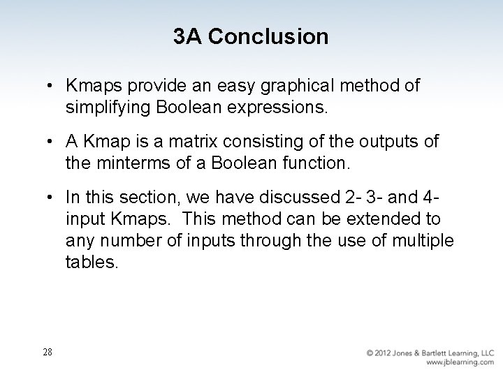 3 A Conclusion • Kmaps provide an easy graphical method of simplifying Boolean expressions.