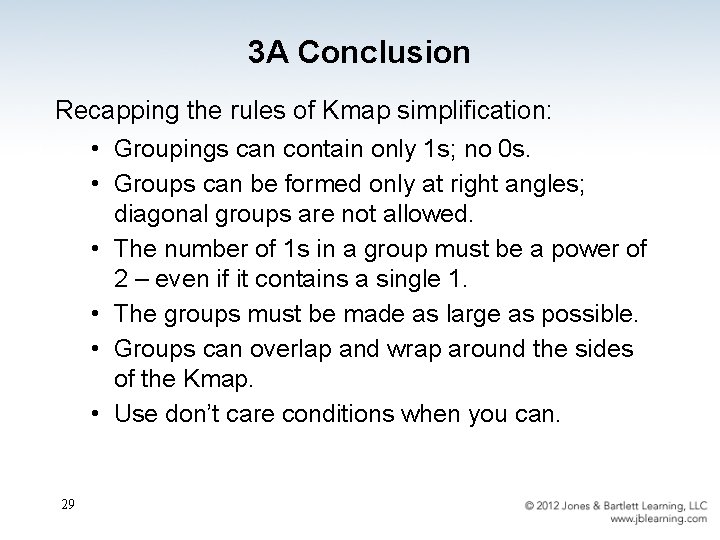 3 A Conclusion Recapping the rules of Kmap simplification: • Groupings can contain only
