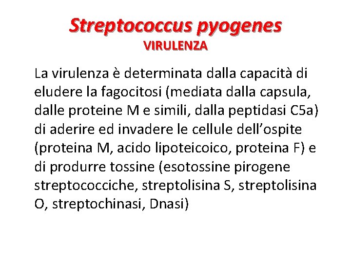 Streptococcus pyogenes VIRULENZA La virulenza è determinata dalla capacità di eludere la fagocitosi (mediata