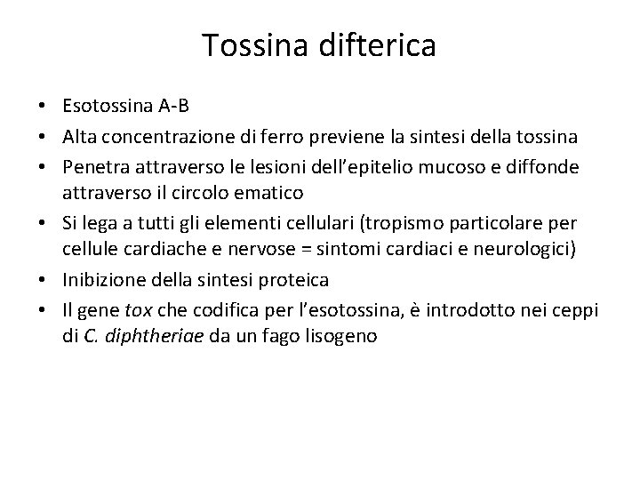 Tossina difterica • Esotossina A-B • Alta concentrazione di ferro previene la sintesi della