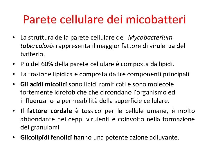 Parete cellulare dei micobatteri • La struttura della parete cellulare del Mycobacterium tuberculosis rappresenta