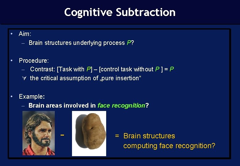 Cognitive Subtraction • Aim: – Brain structures underlying process P? • Procedure: – Contrast: