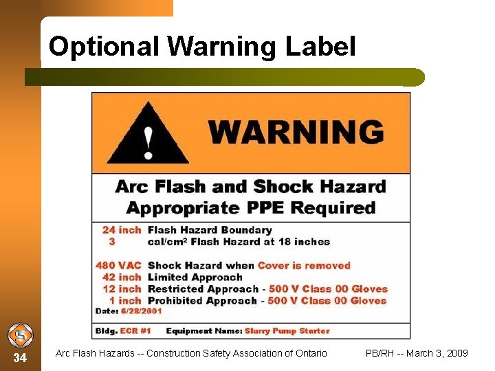 Optional Warning Label 34 Arc Flash Hazards -- Construction Safety Association of Ontario PB/RH
