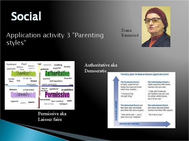 Social Application activity 3 “Parenting styles” Authoritative aka Democratic Permissive aka Laissez faire Diana