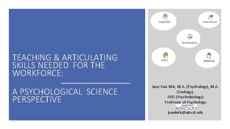 TEACHING & ARTICULATING SKILLS NEEDED FOR THE WORKFORCE: A PSYCHOLOGICAL SCIENCE PERSPECTIVE Jaye Van